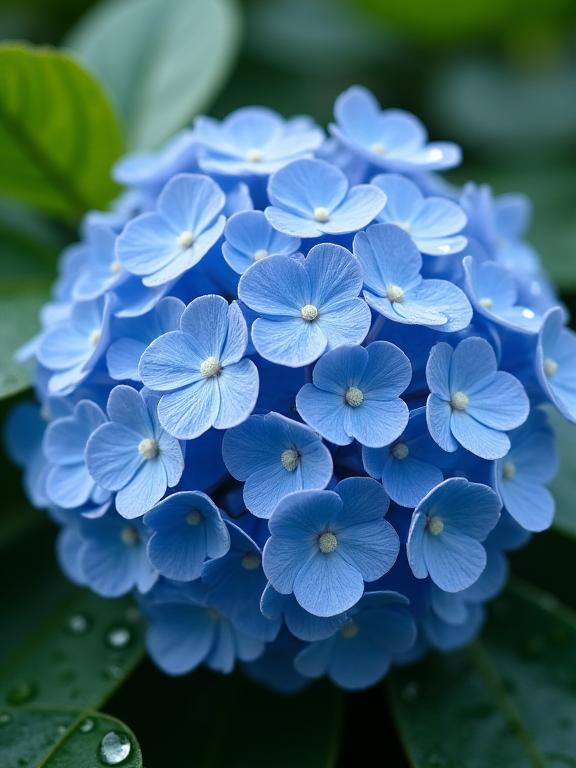 雨粒が輝く美しい青色の紫陽花(あじさい)のクローズアップ。